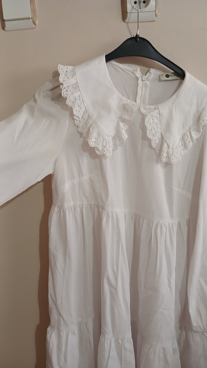 Kadın Beyaz Uzun Kollu Keten Elbise - Görsel 2