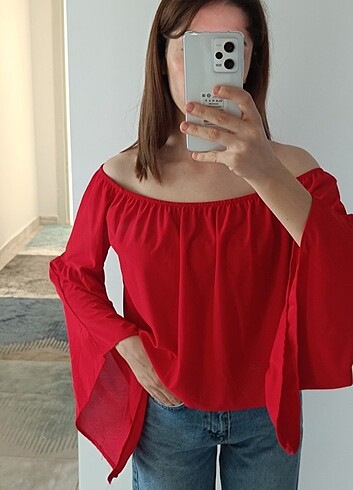 l Beden kırmızı Renk Kol Detaylı Crop Bluz