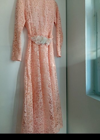 Bej Dantelli Uzun Kollu Kadın Abiye Elbise - Görsel 2