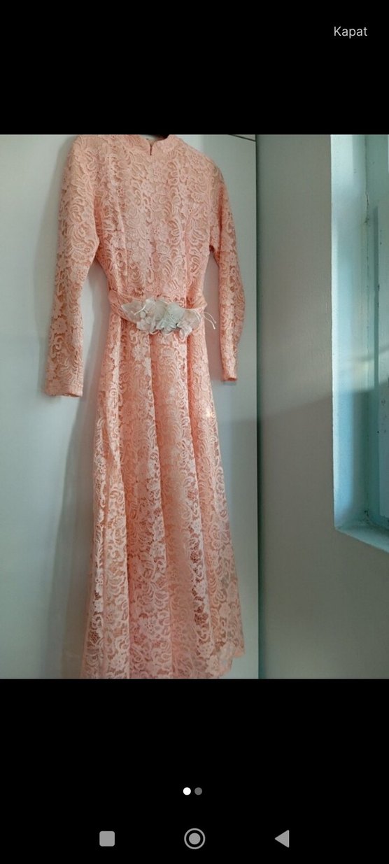 Bej Dantelli Uzun Kollu Kadın Abiye Elbise - Görsel 2