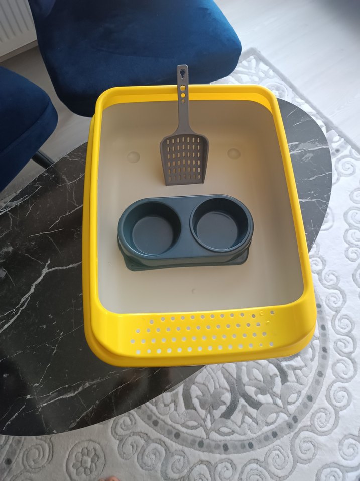Sarı Kedi Tuvalet Kabı ve Gri Mama Kabı - Görsel 2