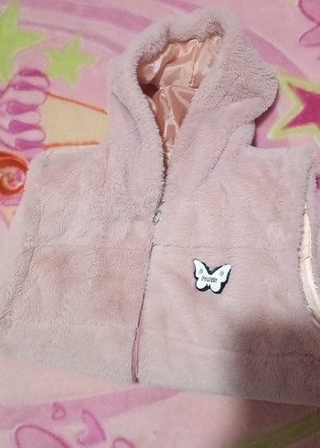 Kız Çocuk Pembe Kapüşonlu Peluş Yelek - Görsel 6