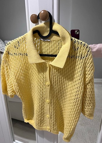 Sarı Örgü Kısa Kollu Midi Hırka - Görsel 2