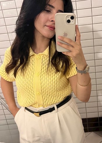 Sarı Örgü Kısa Kollu Midi Hırka - Görsel 5