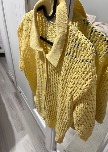 Sarı Örgü Kısa Kollu Midi Hırka - Görsel 4