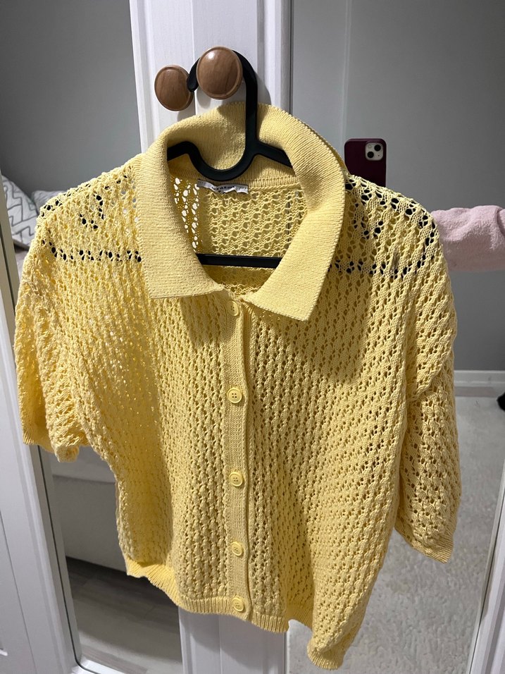 Sarı Örgü Kısa Kollu Midi Hırka - Görsel 2