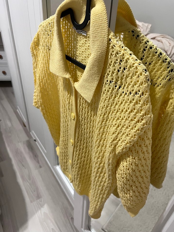 Sarı Örgü Kısa Kollu Midi Hırka - Görsel 4