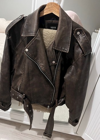 Kahverengi Deri Kadın Biker Ceket - Görsel 2