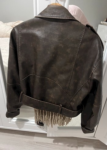 Kahverengi Deri Kadın Biker Ceket - Görsel 3