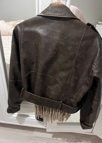 Kahverengi Deri Kadın Biker Ceket - Görsel 4