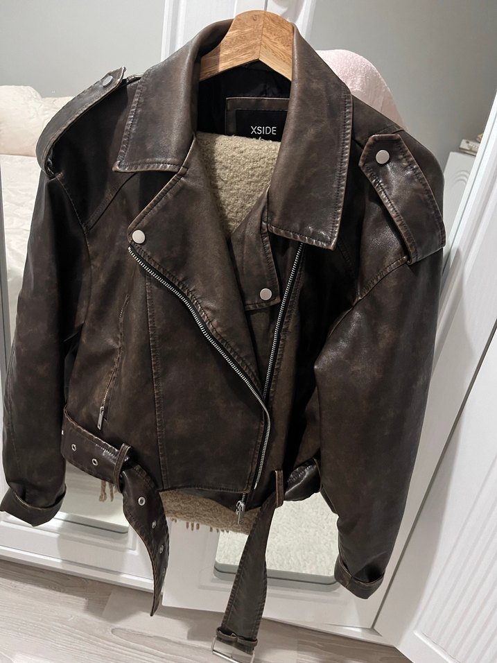 Kahverengi Deri Kadın Biker Ceket - Görsel 2