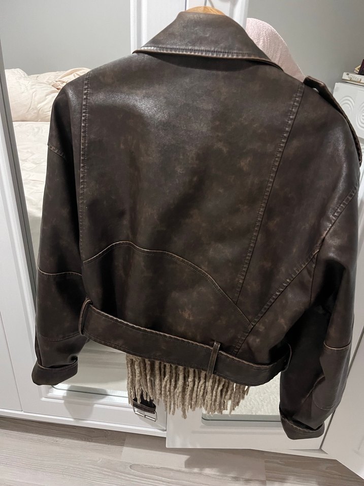 Kahverengi Deri Kadın Biker Ceket - Görsel 4