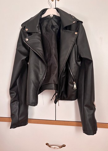 Kadın Siyah Kemerli Biker Deri Ceket - Görsel 2