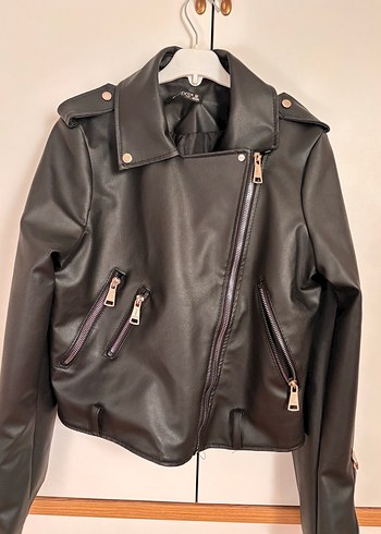 Kadın Siyah Kemerli Biker Deri Ceket - Görsel 5