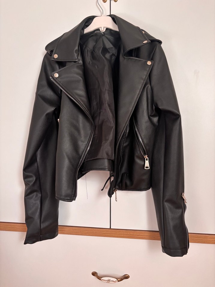 Kadın Siyah Kemerli Biker Deri Ceket - Görsel 2