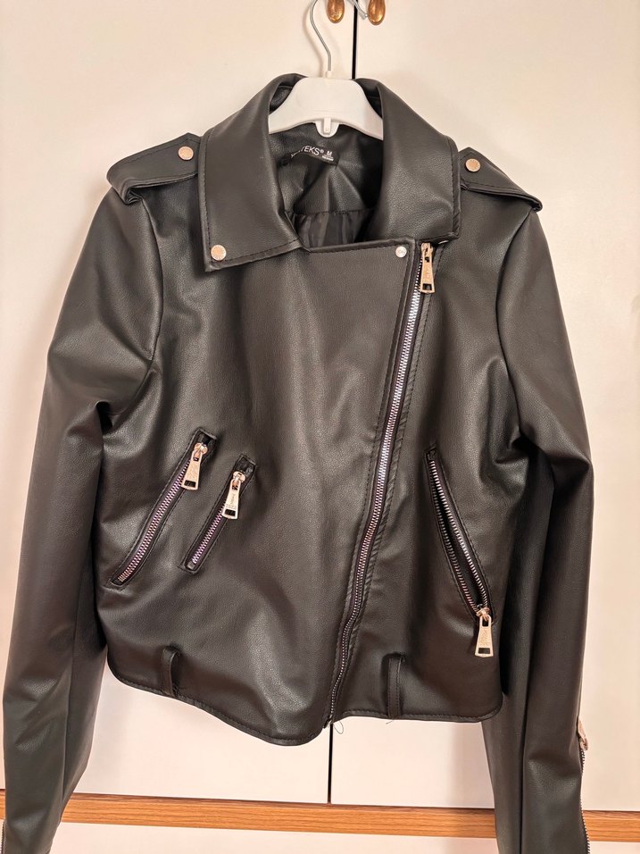 Kadın Siyah Kemerli Biker Deri Ceket - Görsel 5