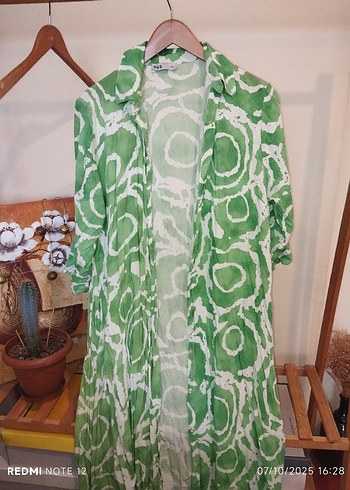 Yeşil Bağlama Desenli Uzun Keten Elbise - Görsel 6