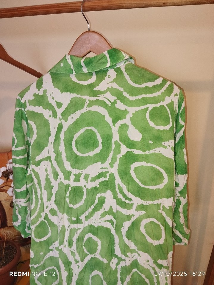 Yeşil Bağlama Desenli Uzun Keten Elbise - Görsel 5