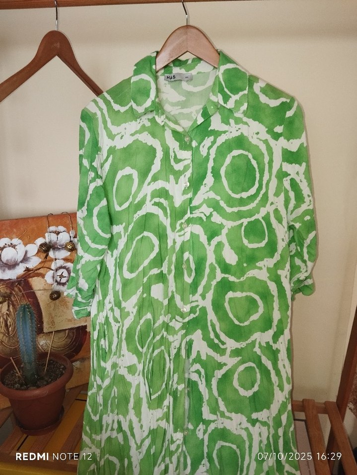 Yeşil Bağlama Desenli Uzun Keten Elbise - Görsel 3