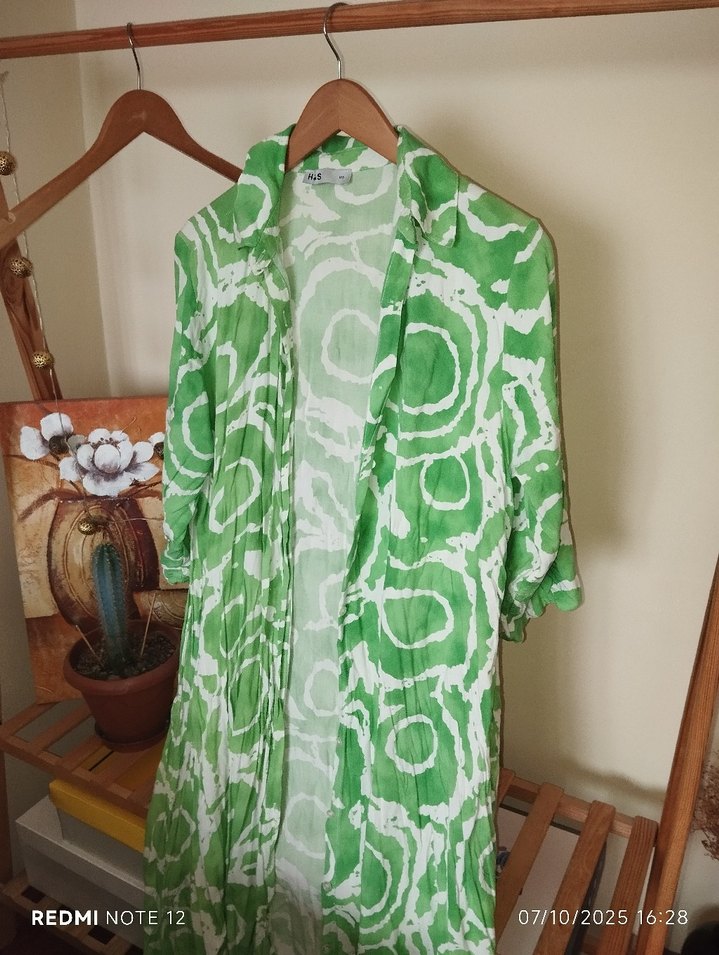 Yeşil Bağlama Desenli Uzun Keten Elbise - Görsel 2