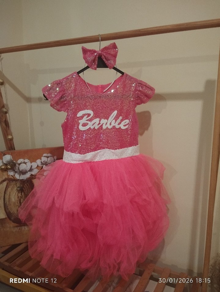 Pembe Barbie Kız Çocuk Elbise - Görsel 4