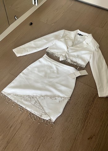 l Beden beyaz Renk Beyaz Mini Düğün Elbisesi, Uzun Kollu, Fitted