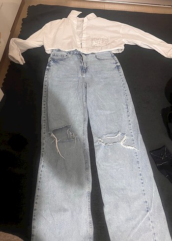 Koton Gri Yırtık Detaylı Salaş Kadın Kot Pantolon gömlek - Görsel 8