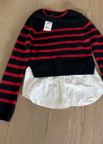 Stradivarıus xs Kırmızı Lacivert  Çizgili Triko Kazak - Görsel 4