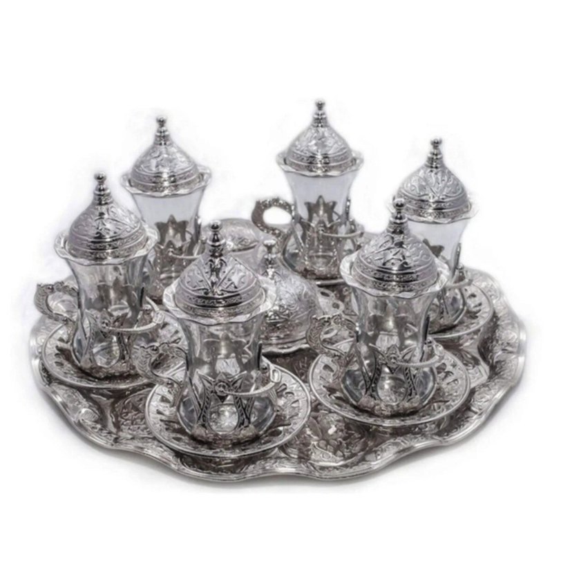 Cam Çay Bardak Seti Metal Kulp ve Tabaklı - Görsel 3