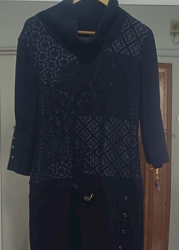 Desenli Siyah Kadın Triko Midi Elbise - Görsel 2