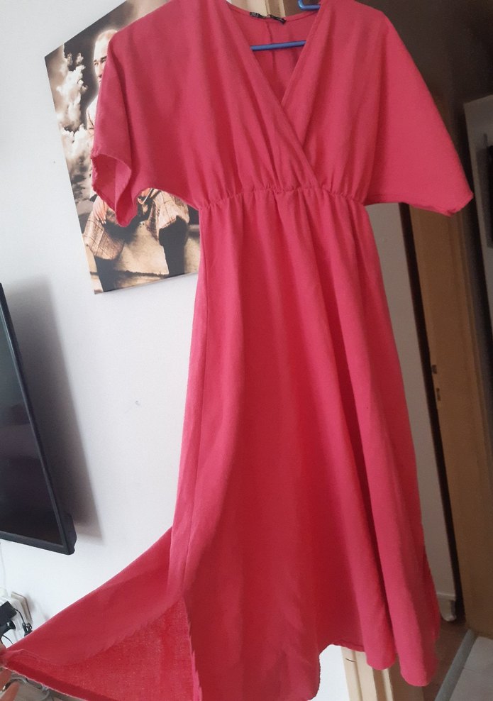 Pembe Drapeli V Yakalı Uzun Elbise - Görsel 2