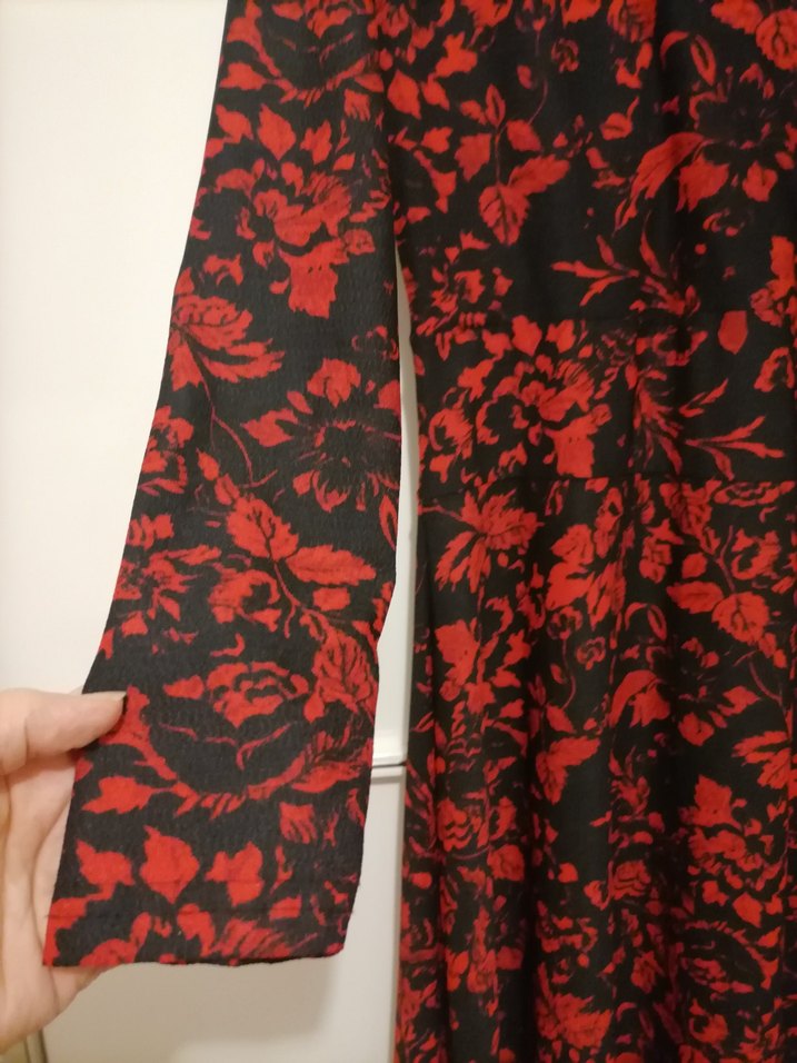 Kırmızı Desenli Uzun Kollu Midi Elbise - Görsel 2