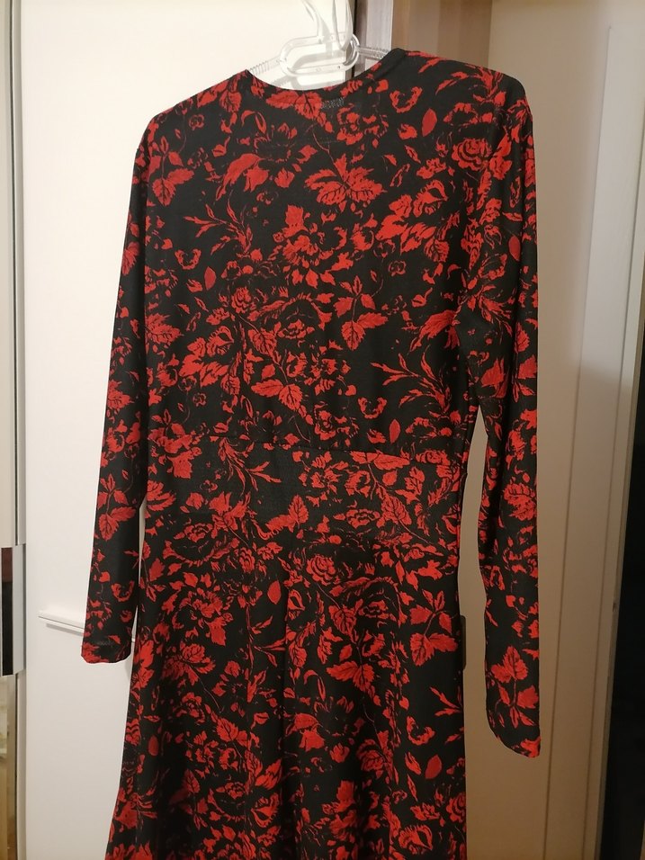 Kırmızı Desenli Uzun Kollu Midi Elbise - Görsel 4