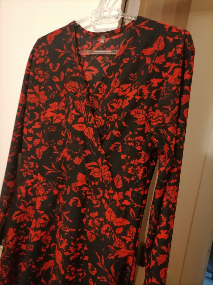 Kırmızı Desenli Uzun Kollu Midi Elbise - Görsel 3