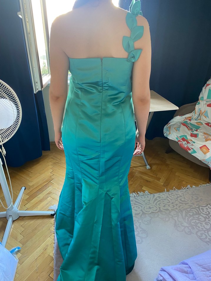 Parlak Turkuaz Straplez Drapeli Midi Abiye Elbise - Görsel 2