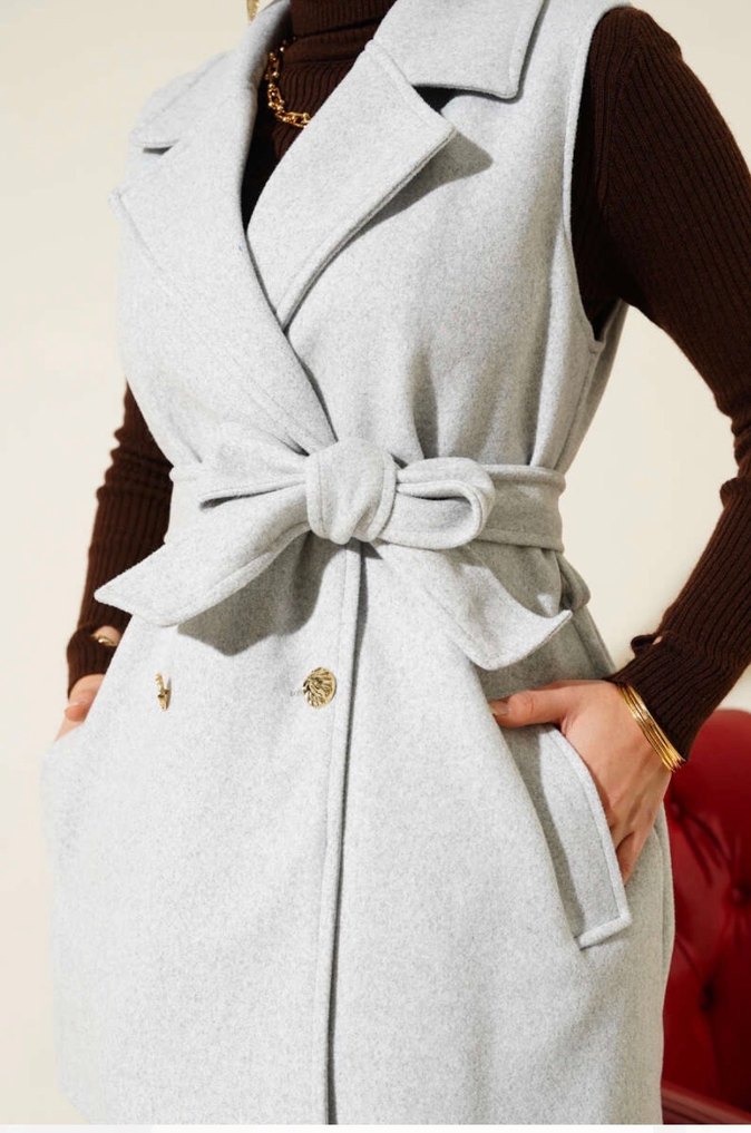 Kuşaklı kaşe yelek - Görsel 2