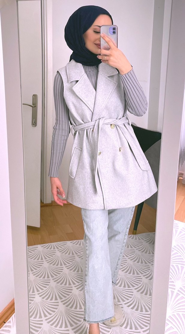 Kuşaklı kaşe yelek - Görsel 3