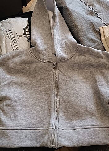 xs Beden Gri fermuarlı kapüşonlu crop kalın içi polarlı sweatshirt