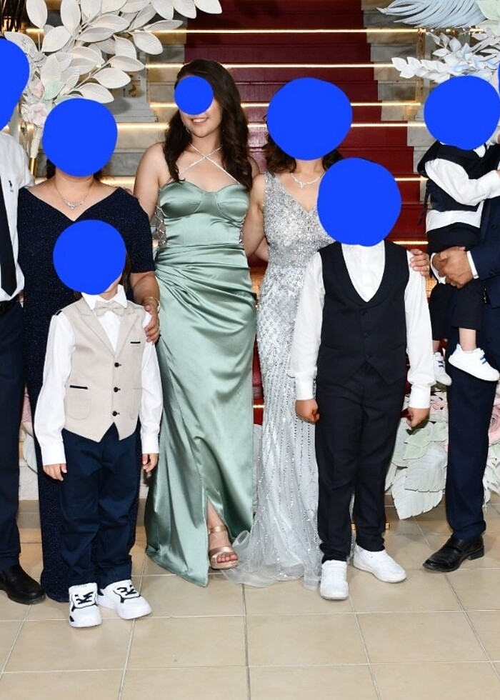 Mint drapeli saten uzun abiye elbise - Görsel 3