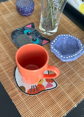 Renkli Taşlı Kedi Figürlü bardak altlığı - Görsel 3