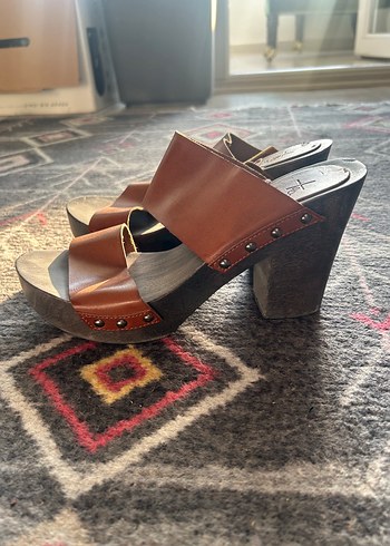 Ahşap taban Kahverengi Deri Platform Topuklu - Görsel 4