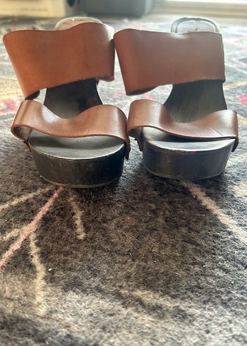 Ahşap taban Kahverengi Deri Platform Topuklu - Görsel 3