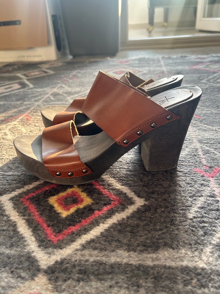 Ahşap taban Kahverengi Deri Platform Topuklu - Görsel 4
