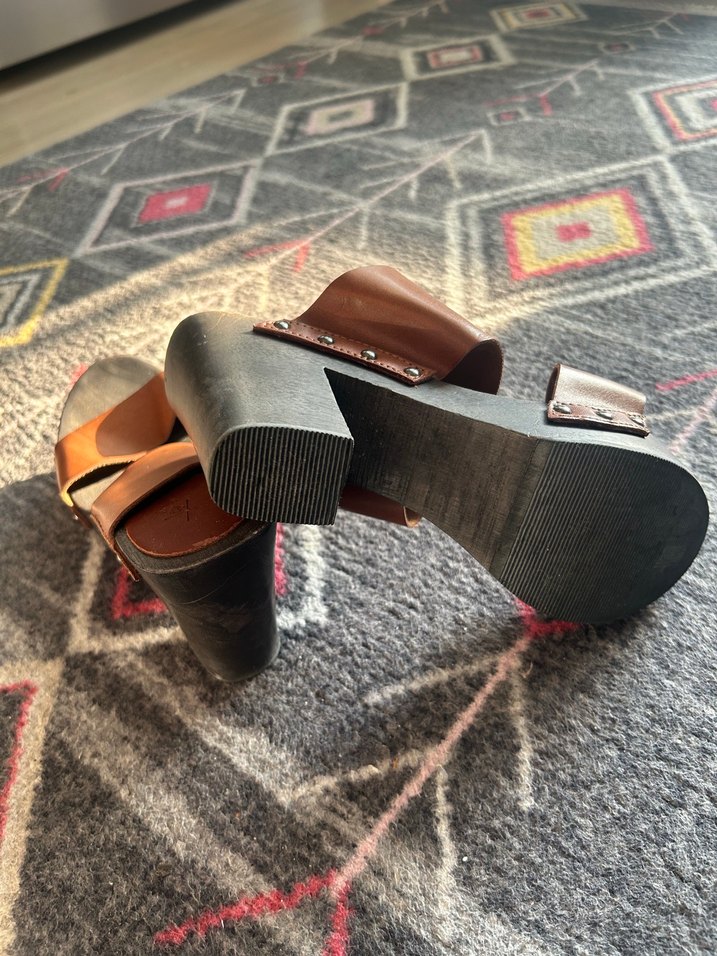 Ahşap taban Kahverengi Deri Platform Topuklu - Görsel 5