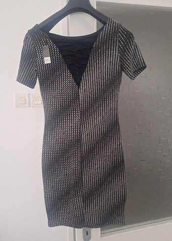 Gri Çizgili ışıltılı Midi Kadın Triko Elbise - Görsel 2