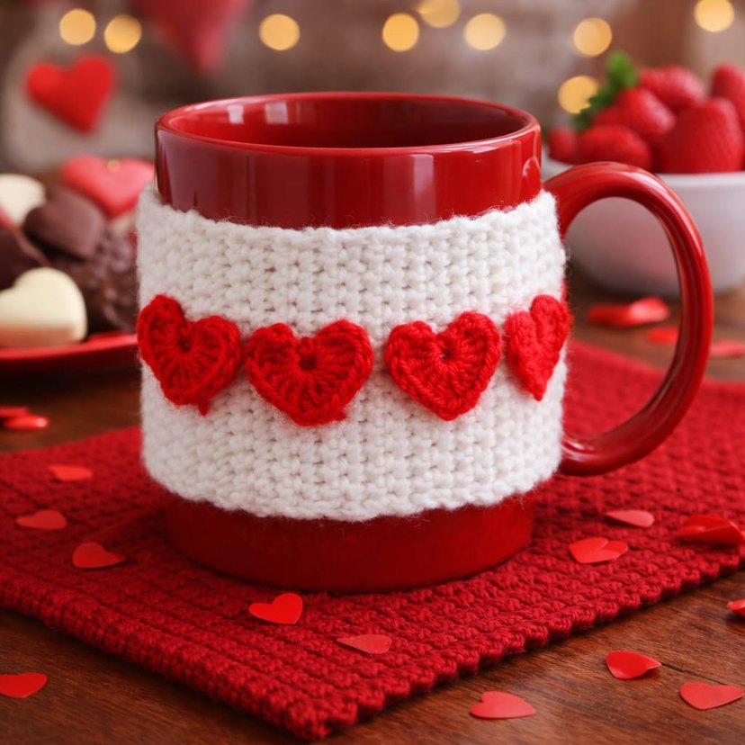 Kırmızı Kalpli Örgü Kupa Kılıfı - Görsel 3