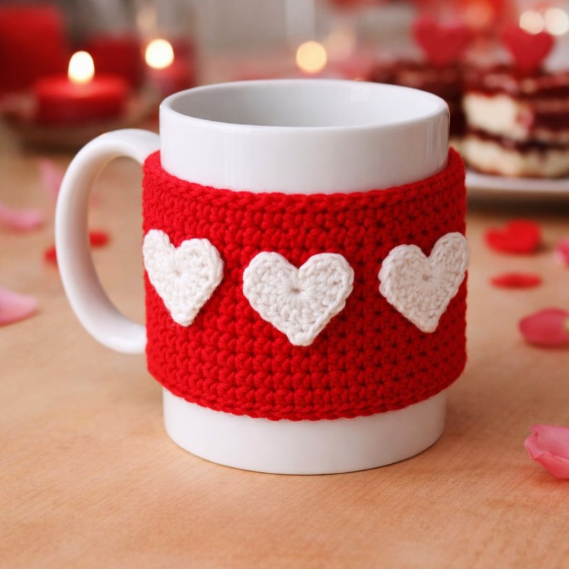 Kırmızı Kalpli Örgü Kupa Kılıfı - Görsel 2