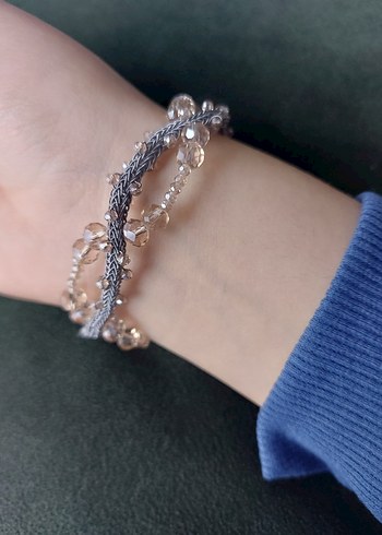 Bej Gri Yılan Desenli Boncuklu Bohem bakır Bileklik - Görsel 3