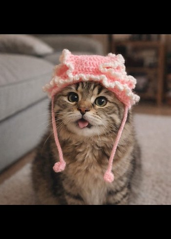 Pembe Fırfırlı Tığ Örgü Kedi Şapkası - Görsel 2