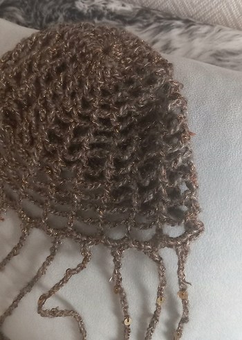 Bej Parlak Örgü Bohem Kadın Şapka - Görsel 5